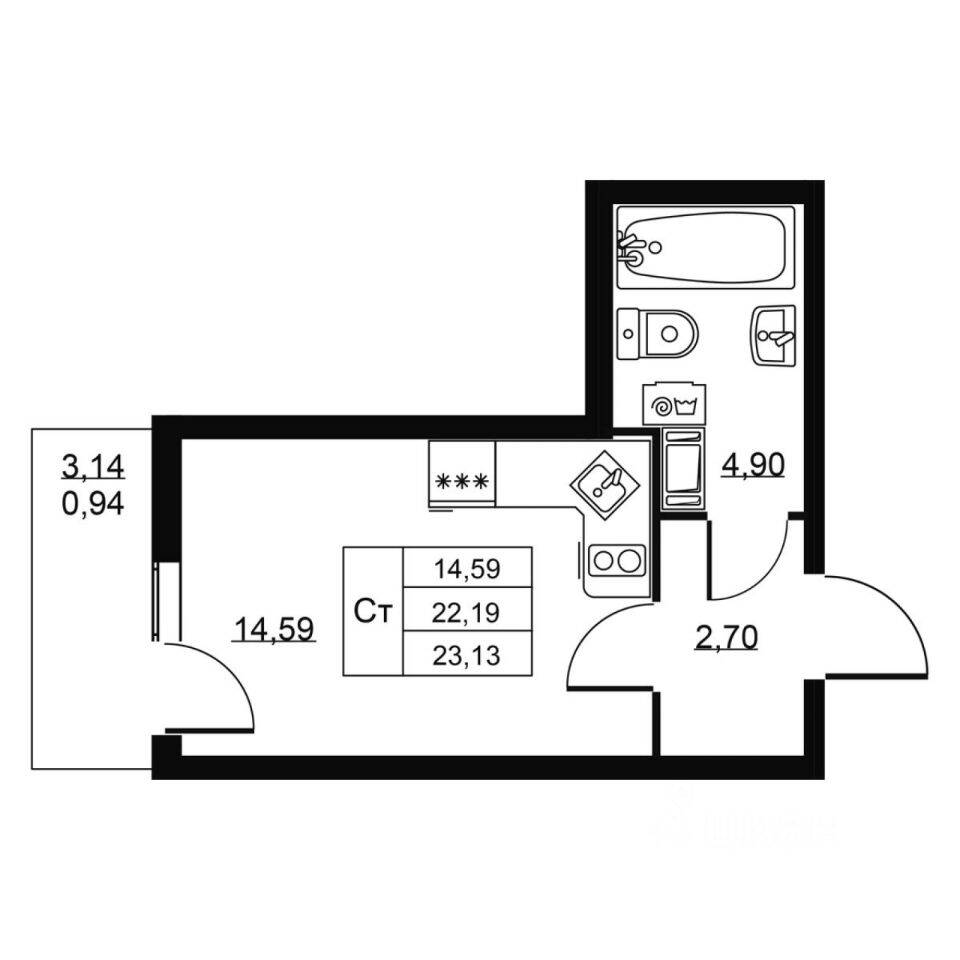 Квартира-студия, 23,13 м², в ЖК Перспектива