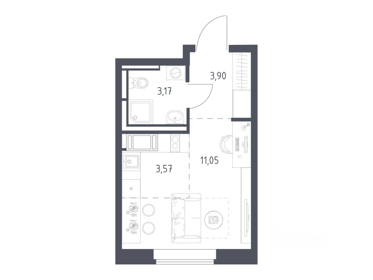 Планировка 1 комнатной квартиры, 21.69 м², в «Большое Путилково»