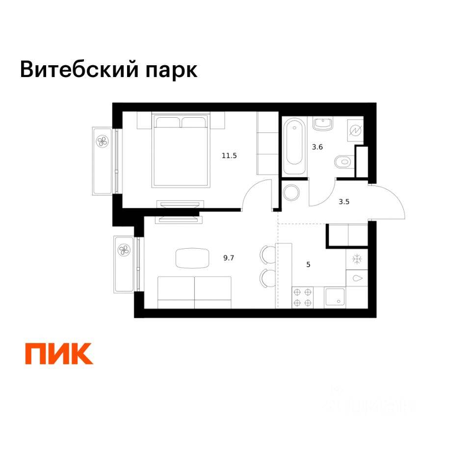 1-комн. квартира, 33,3 м², в ЖК Витебский парк