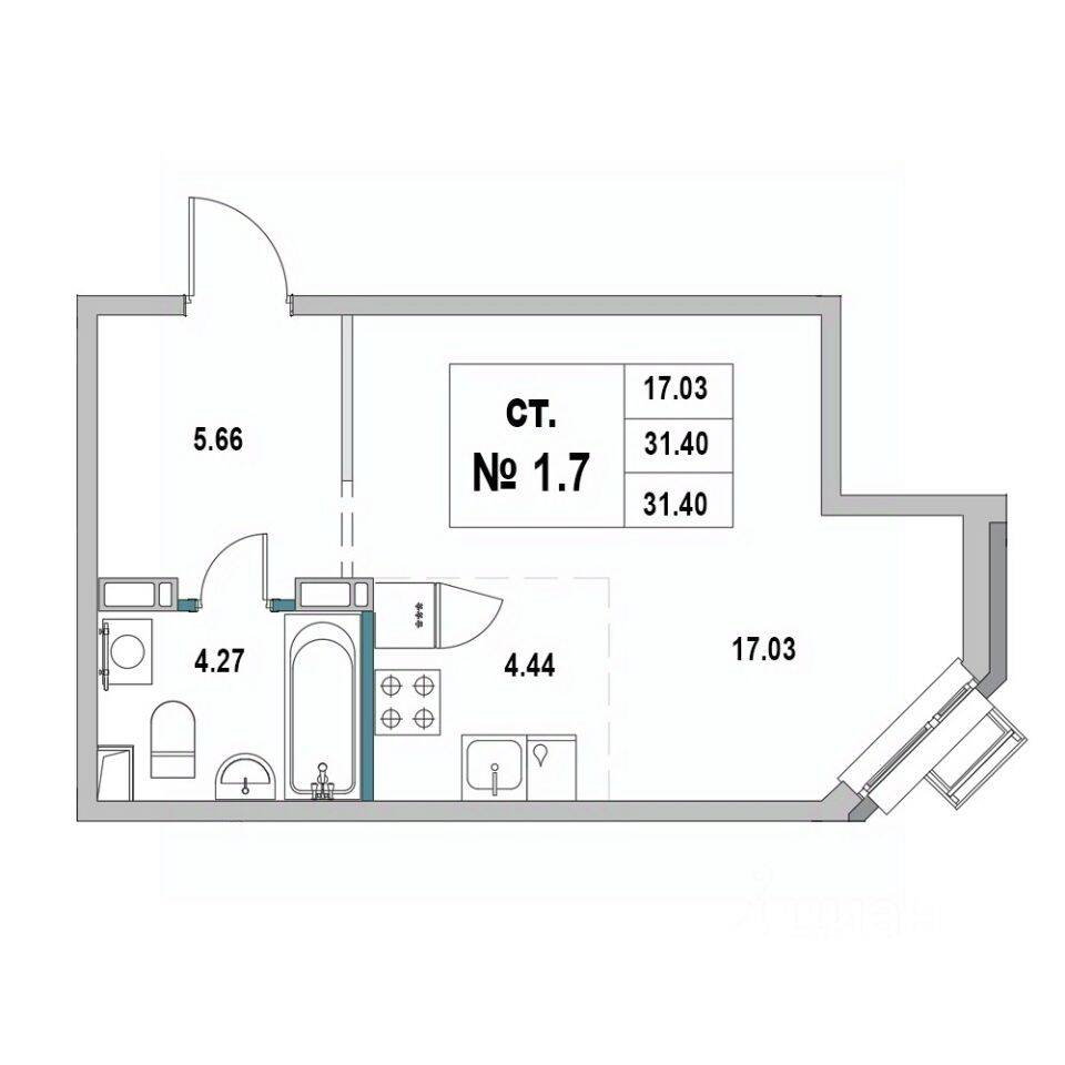 Квартира-студия, 31,4 м², в ЖК «Новый город» (Выборг)