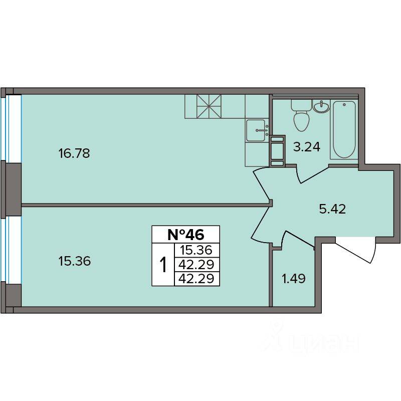 1-комн. квартира, 42,29 м², в ЖК Капральский