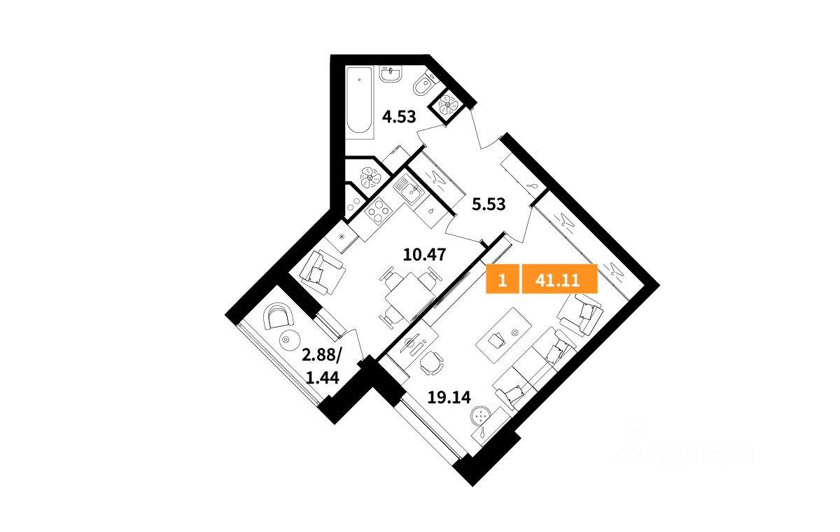 1-комн. квартира, 41,11 м², в ЖК Планерный квартал
