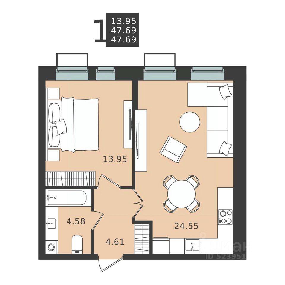 Планировка 1 комнатной квартиры, 47.69 м², в «Мишино-2»