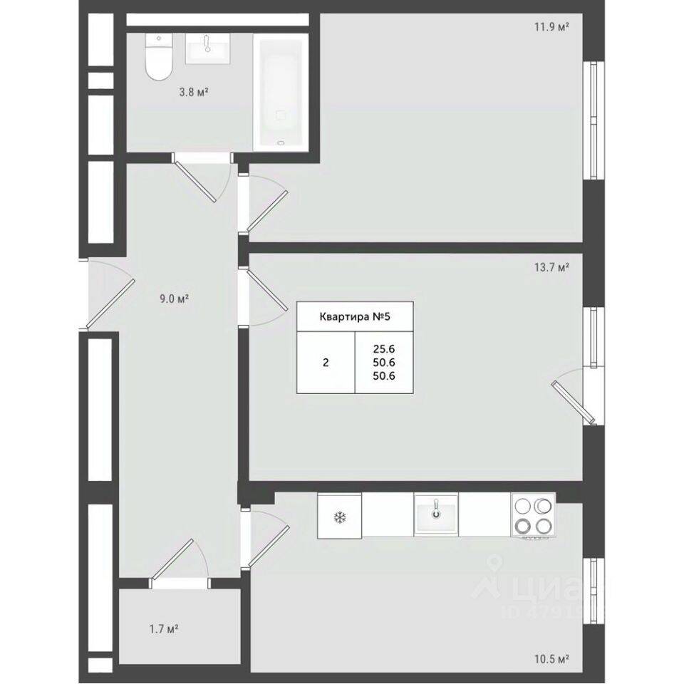 Планировка 2 комнатной квартиры, 50.6 м², в «Яковлево»