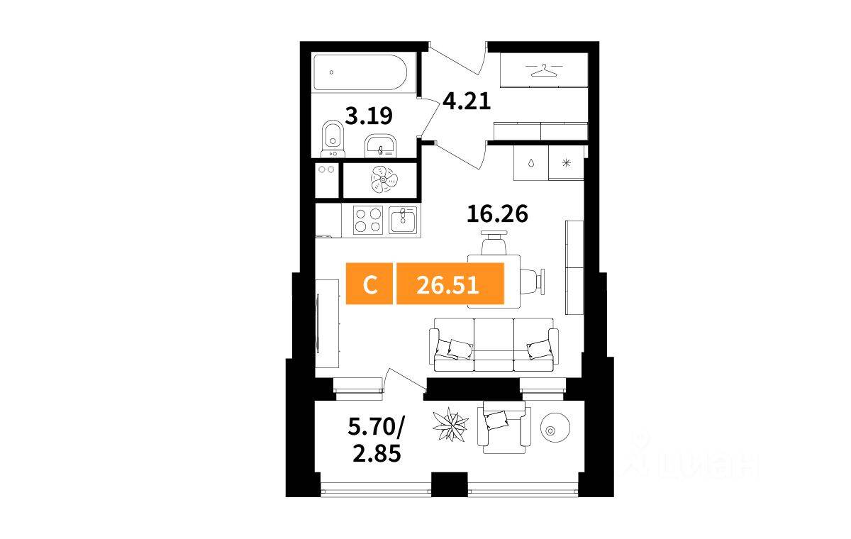 Квартира-студия, 26,51 м², в ЖК Планерный квартал