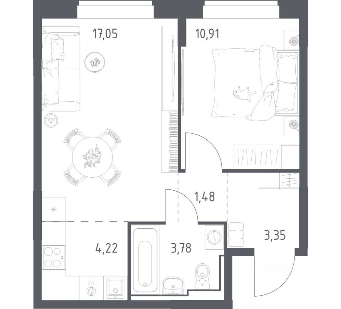 1-комн. квартира, 40,79 м², в ЖК Богдановский Лес