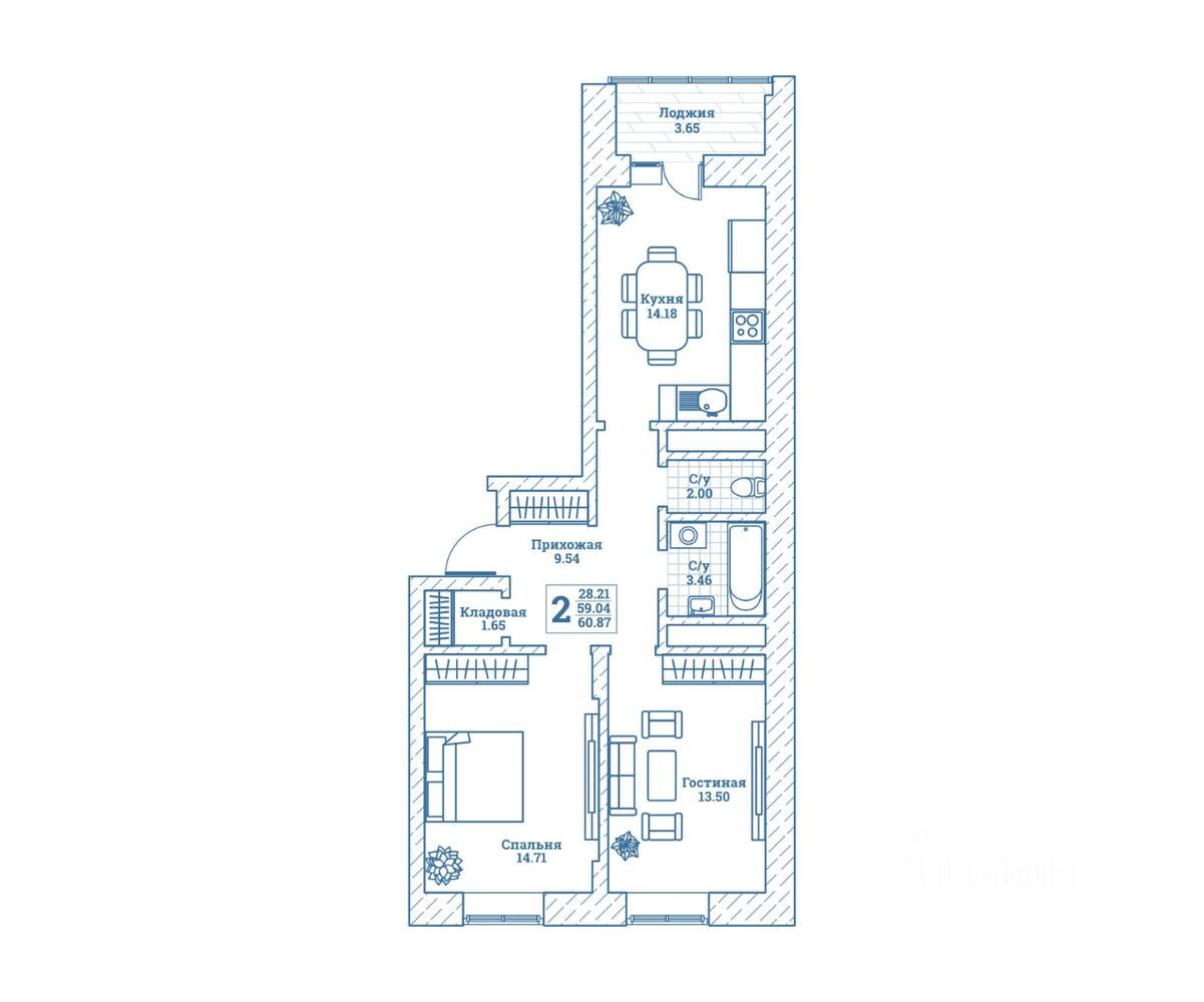 2-комн. квартира, 61,3 м², в ЖК Новоград Монино