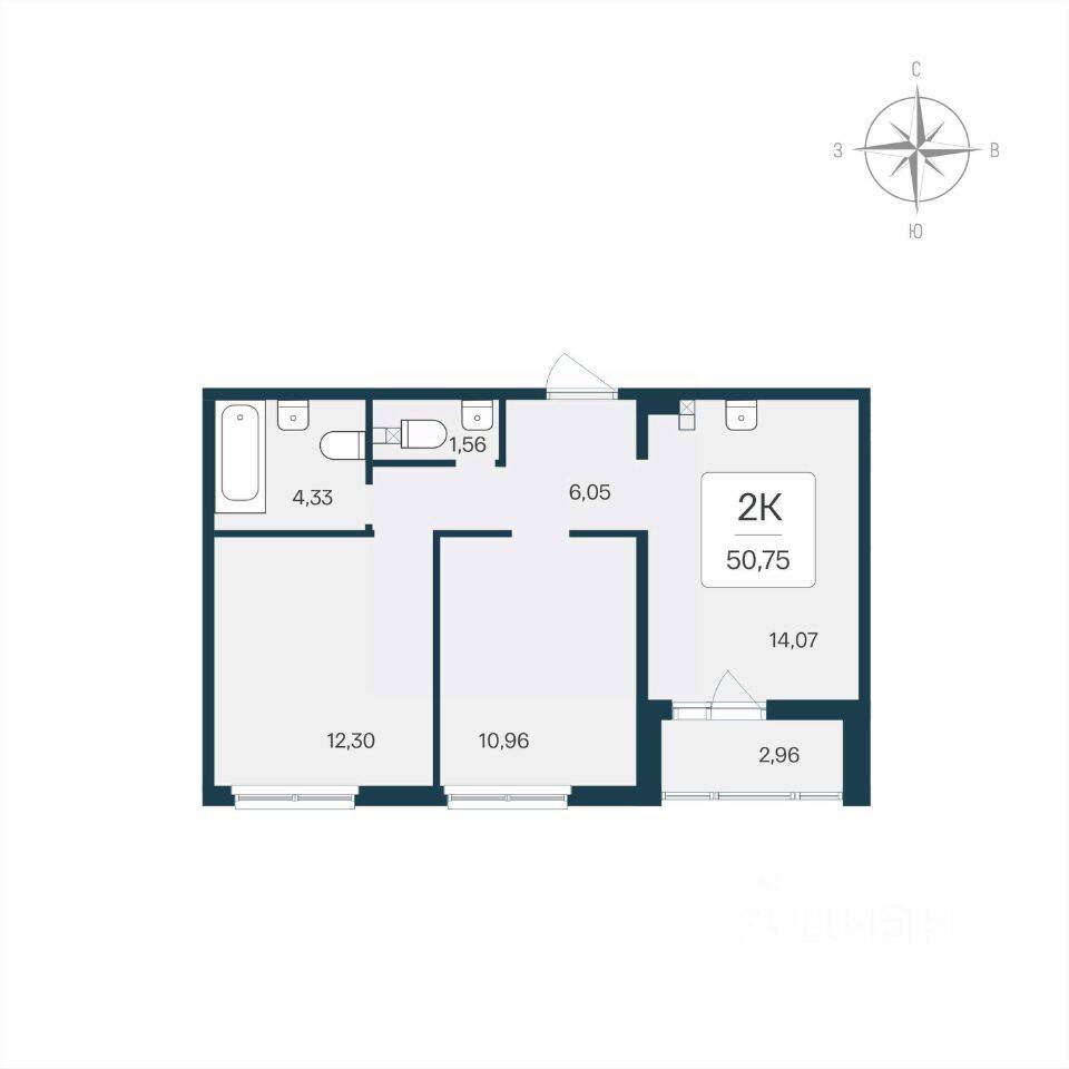 Планировка 2 комнатной квартиры, 50.75 м², в «Расцветай в Янино»
