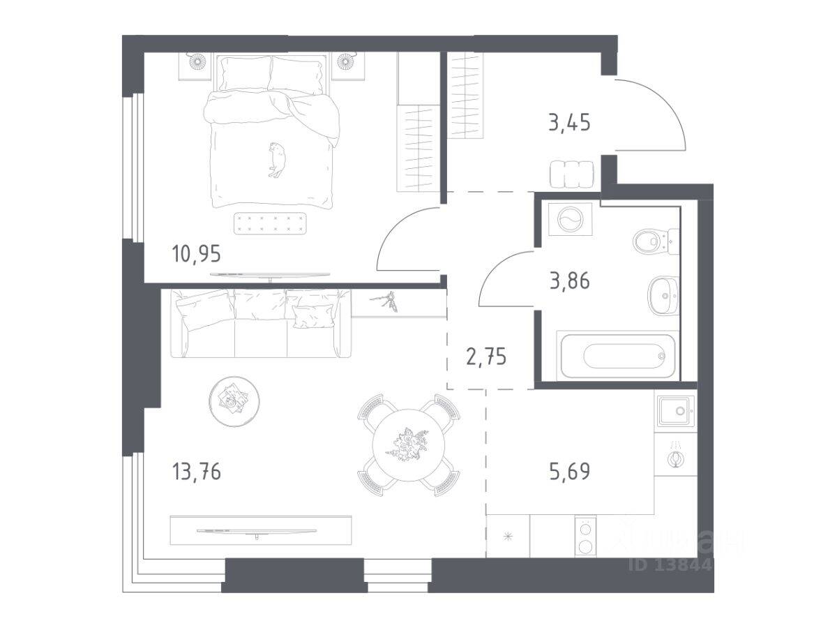 1-комн. квартира, 40,46 м², в ЖК «Пригород Лесное»