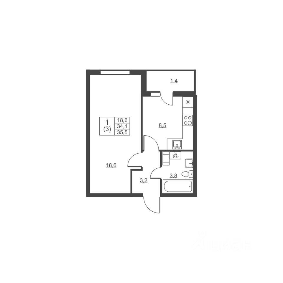 1-комн. квартира, 35,5 м², в ЖК Ермак