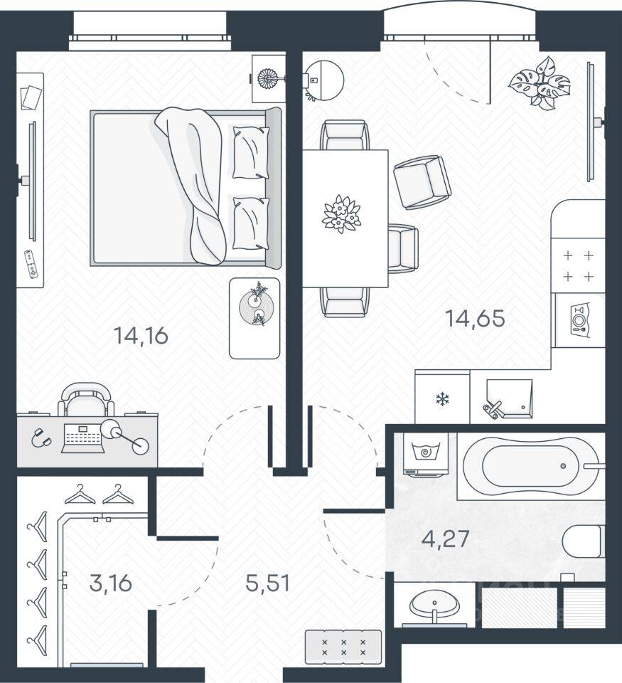 1-комн. квартира, 42,35 м², в ЖК Monodom Art