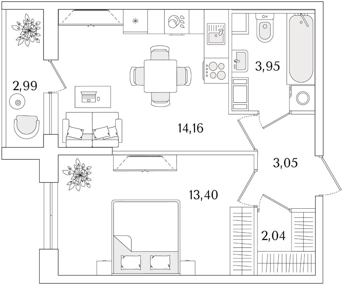 1-комн. квартира, 38,1 м², в ЖК Кинопарк
