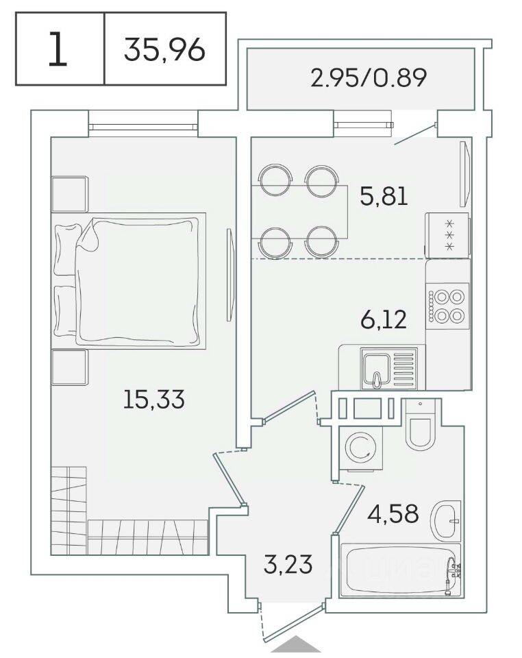 1-комн. квартира, 35,1 м², в ЖК «Lampo»