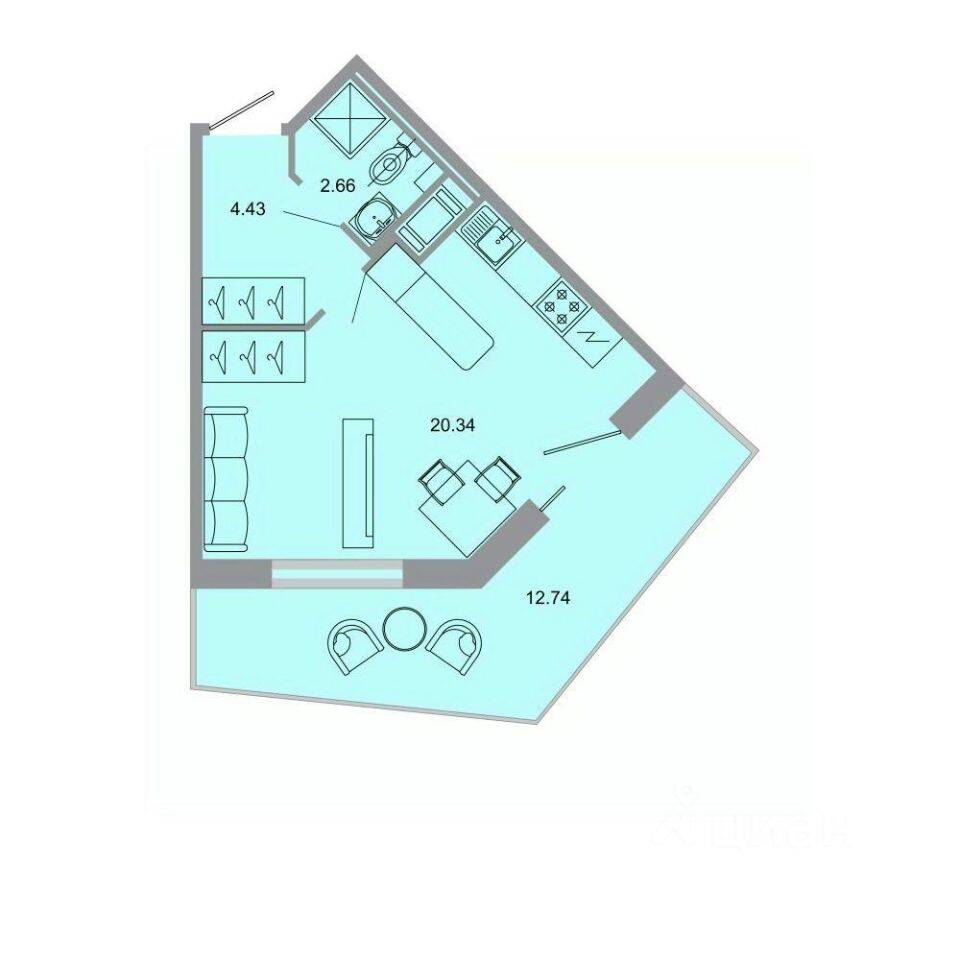 Планировка 1 комнатной квартиры, 30.5 м², в «Стороны света»