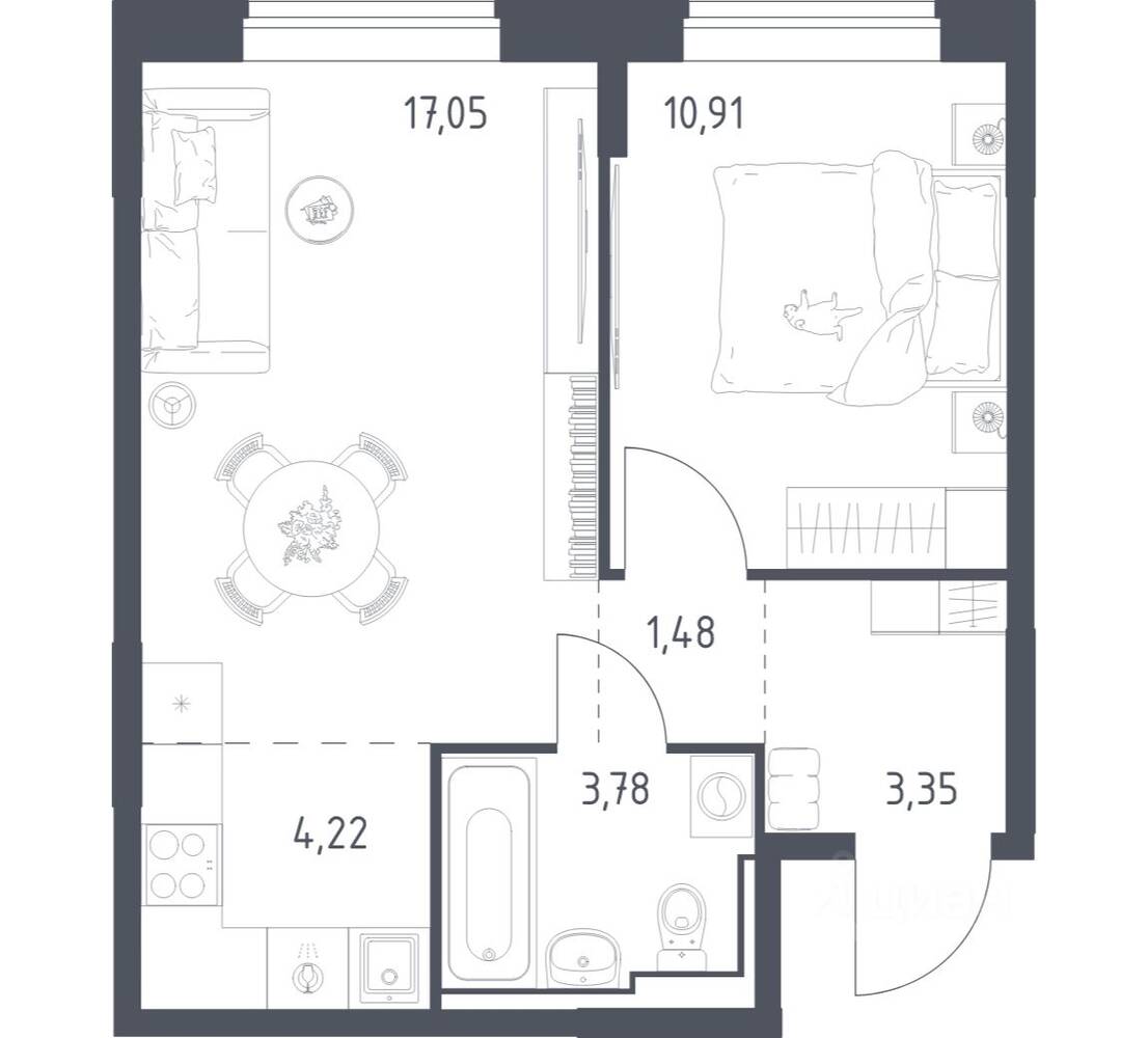 1-комн. квартира, 40,79 м², в ЖК Богдановский Лес