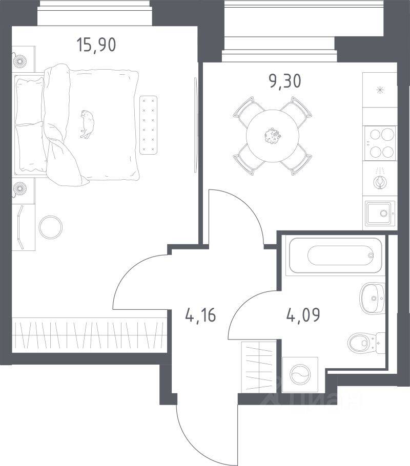 Планировка 1 комнатной квартиры, 33.45 м², в «Прибрежный Парк»