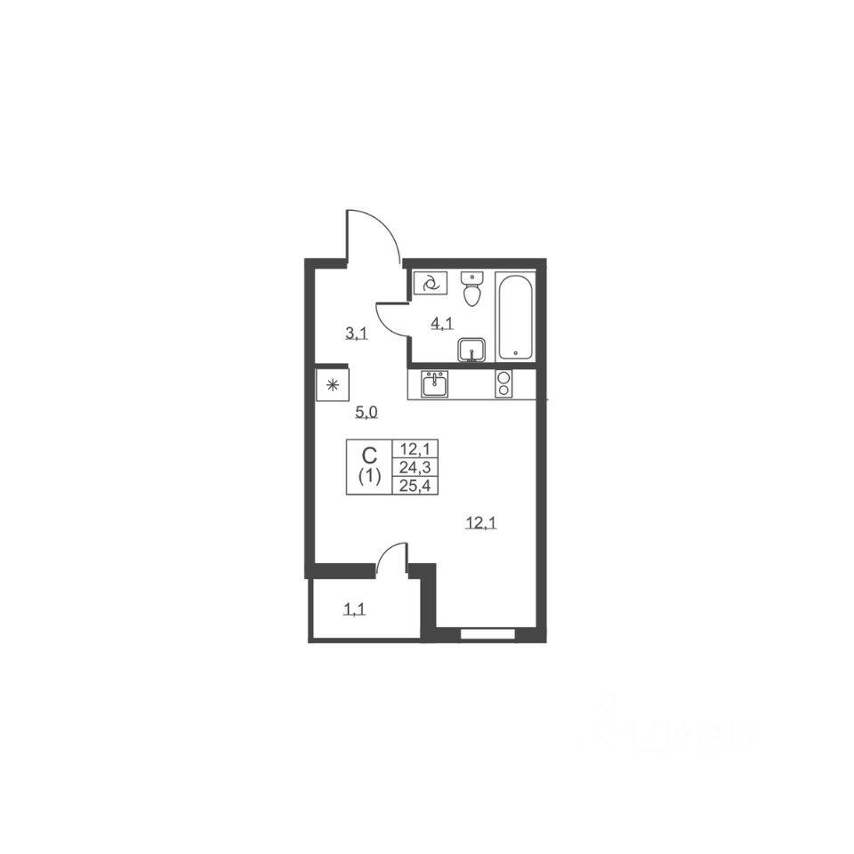 Квартира-студия, 25,4 м², в ЖК Ермак