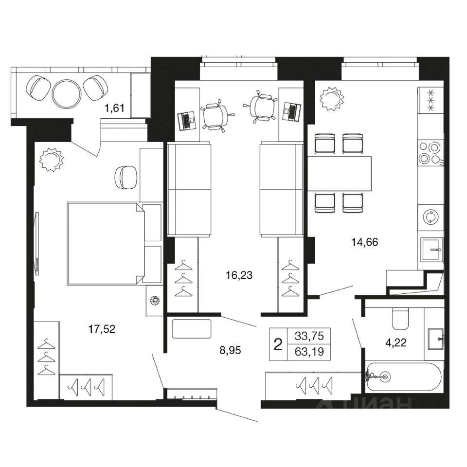 2-комн. квартира, 63,2 м², в ЖК «Времена года»