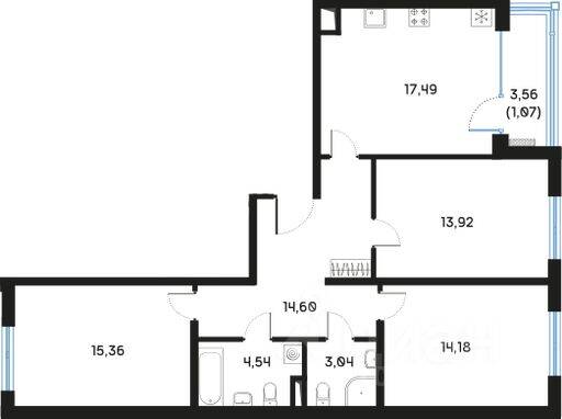 3-комн. квартира, 84,7 м², в ЖК Регенбоген