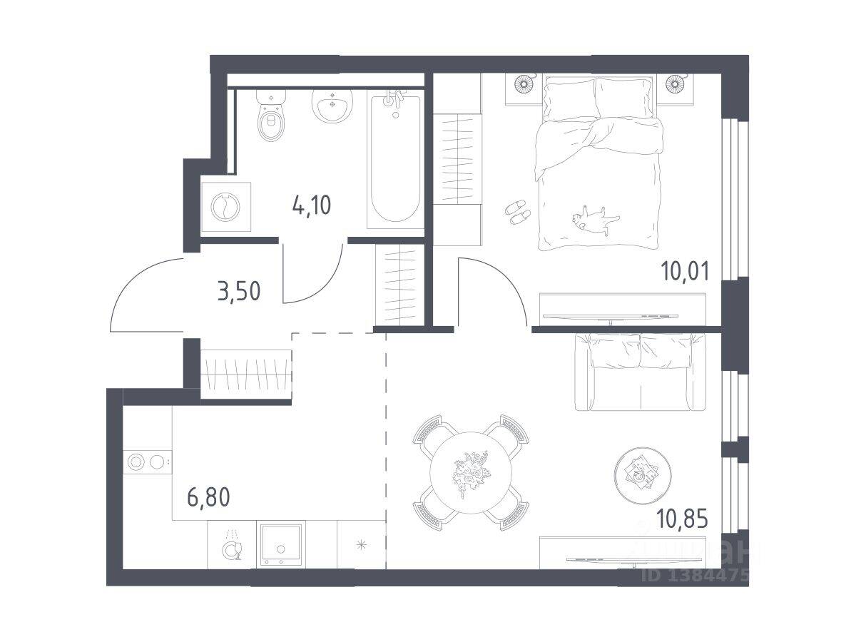 1-комн. квартира, 35,26 м², в ЖК «Пригород Лесное»