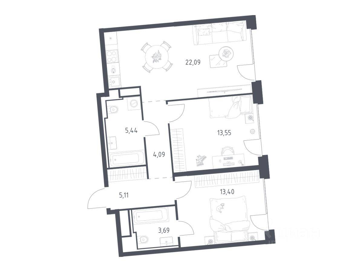 2-комн. квартира, 67,37 м², в ЖК Квартал на воде