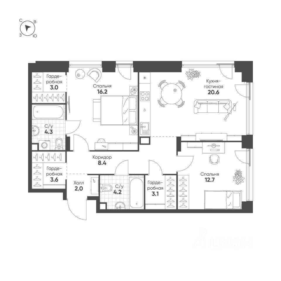 2-комн. квартира, 78,1 м², в ЖК Жилой квартал Shagal