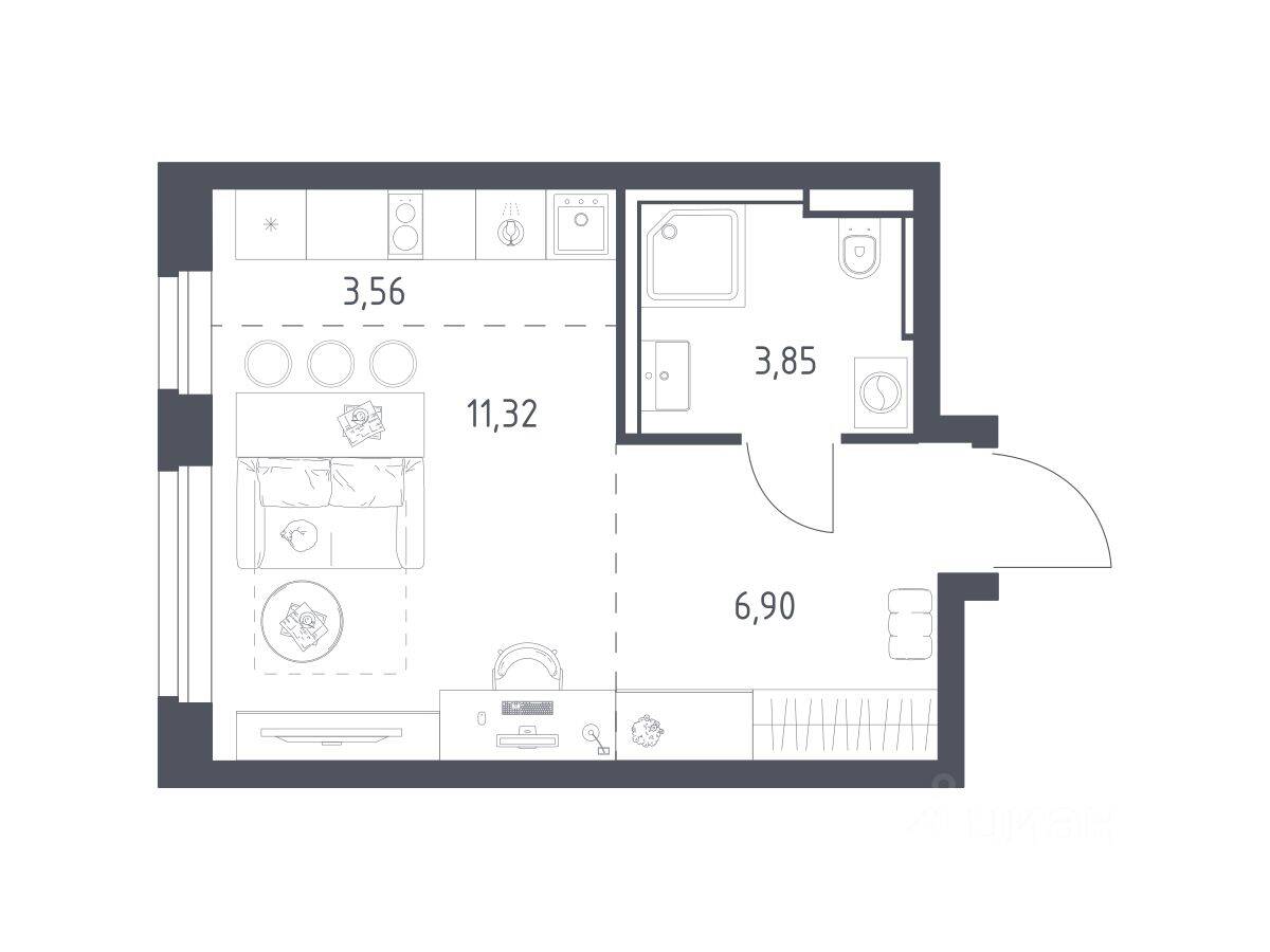 Планировка 1 комнатной квартиры, 25.63 м², в «Квартал Строгино»