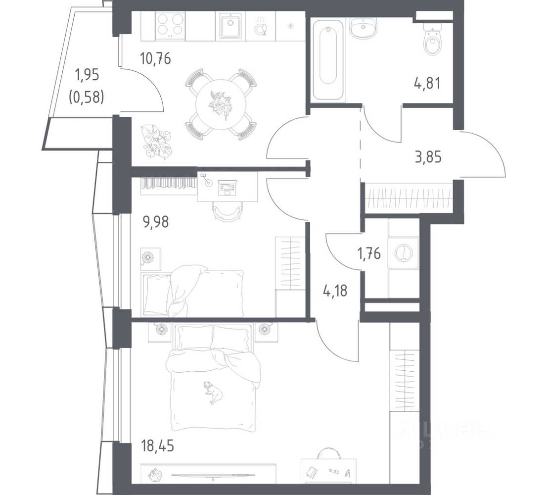 2-комн. квартира, 54,37 м², в ЖК Квартал Авиаторов