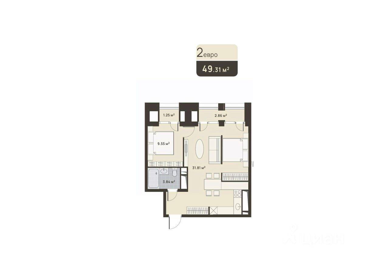 1-комн. квартира, 49,31 м², в ЖК «Дюна»