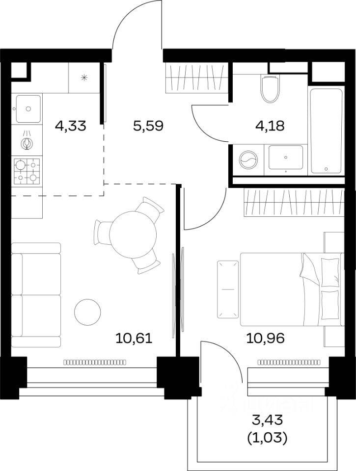 1-комн. квартира, 36,7 м², в ЖК Nova