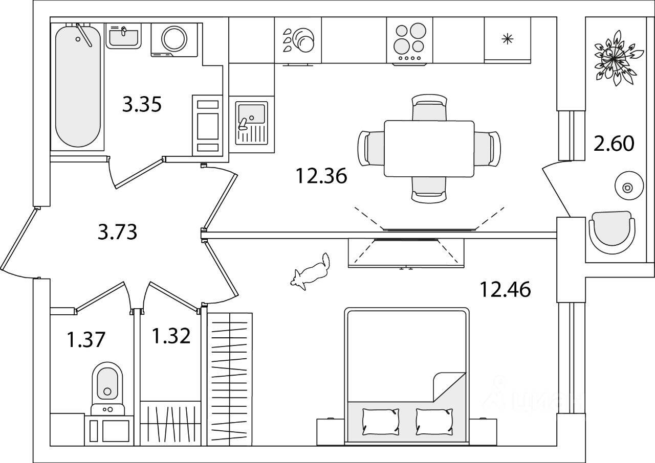 1-комн. квартира, 35,89 м², в ЖК Кинопарк