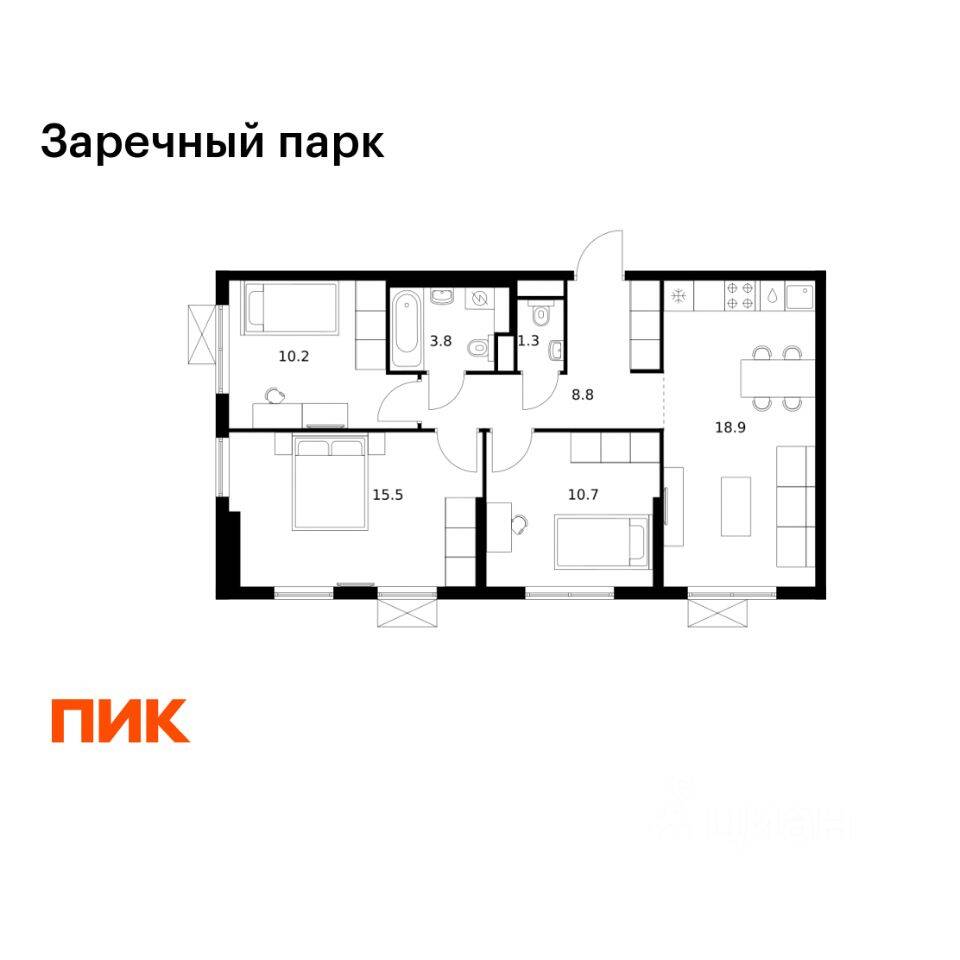 3-комн. квартира, 69,2 м², в ЖК Заречный парк