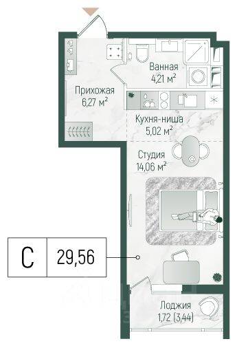 Квартира-студия, 31,28 м², в ЖК Riga Hills