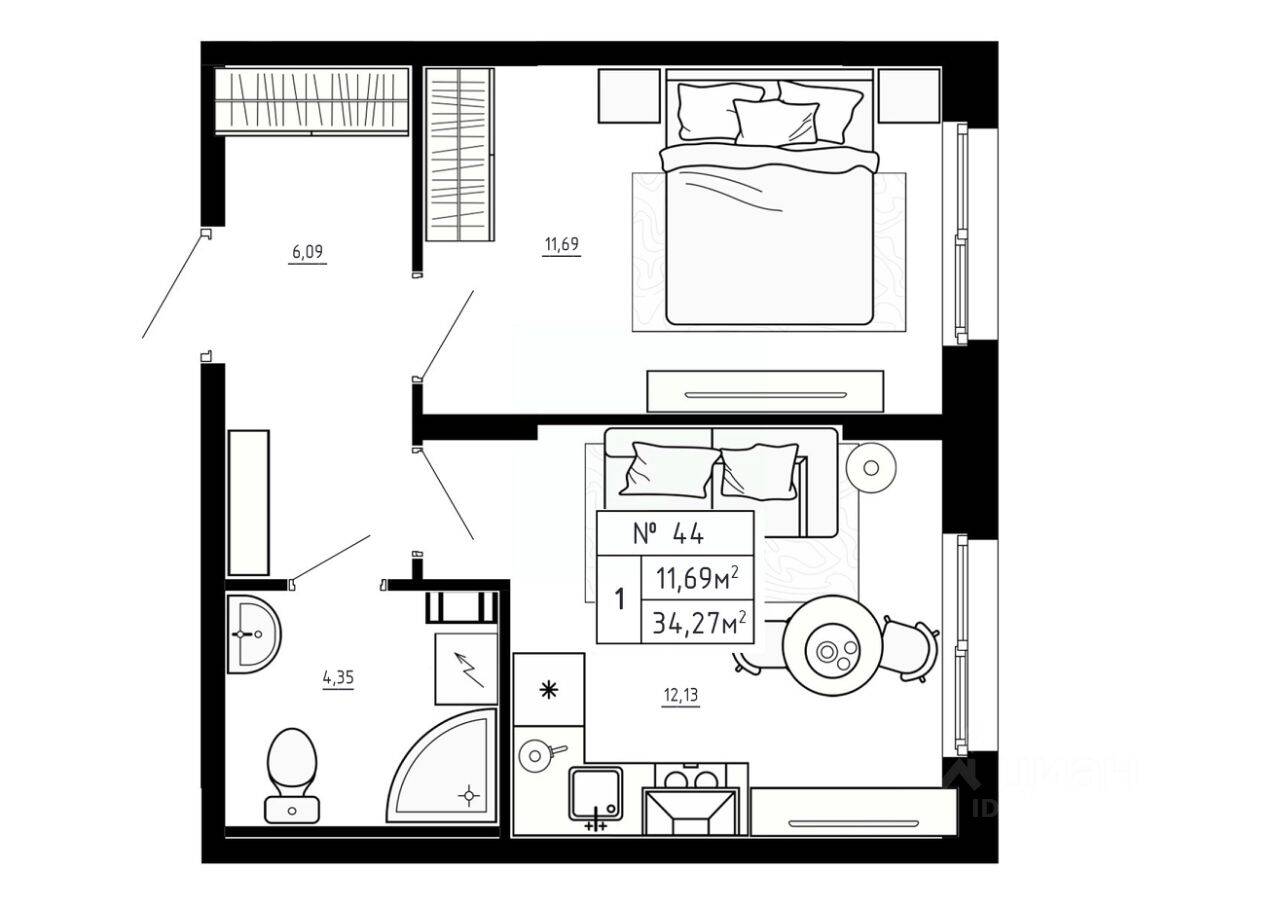 1-комн. квартира, 34,27 м², в Малоэтажный ЖК Аннино Сити