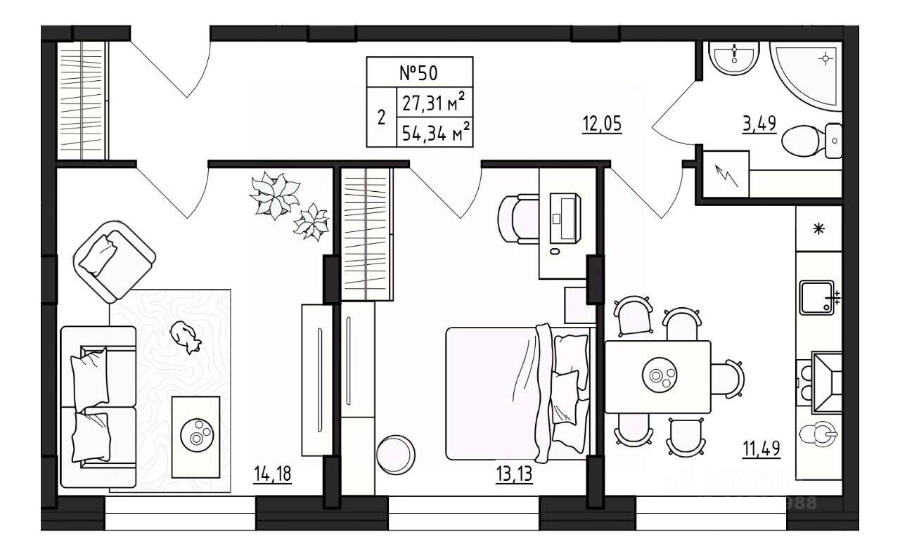 Планировка 2 комнатной квартиры, 54.33 м², в «Верево-Сити»