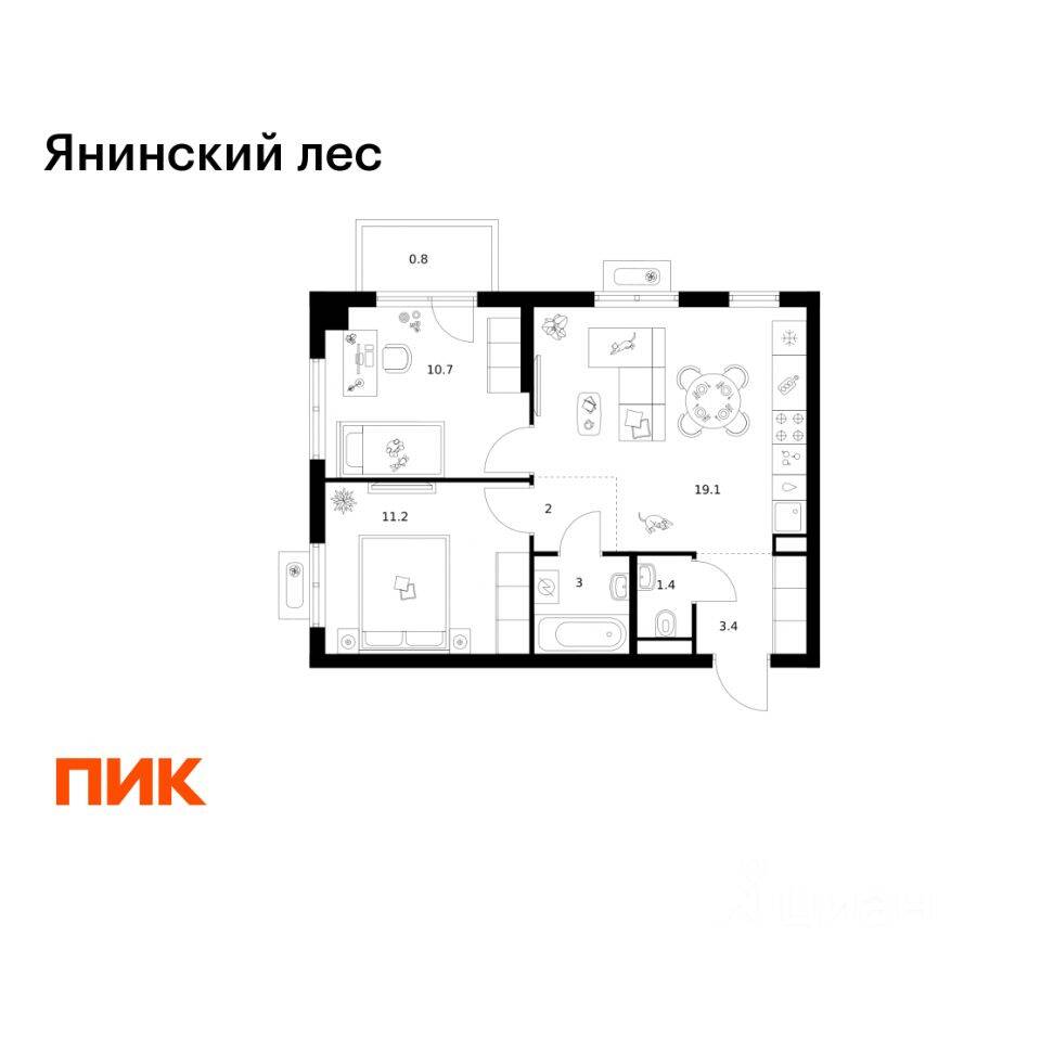 2-комн. квартира, 51,6 м², в ЖК Янинский лес