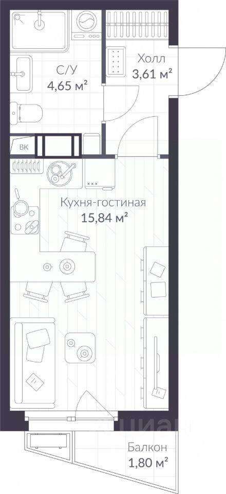 Квартира-студия, 24,64 м², в ЖК ВЕРЕН НОРТ Сертолово