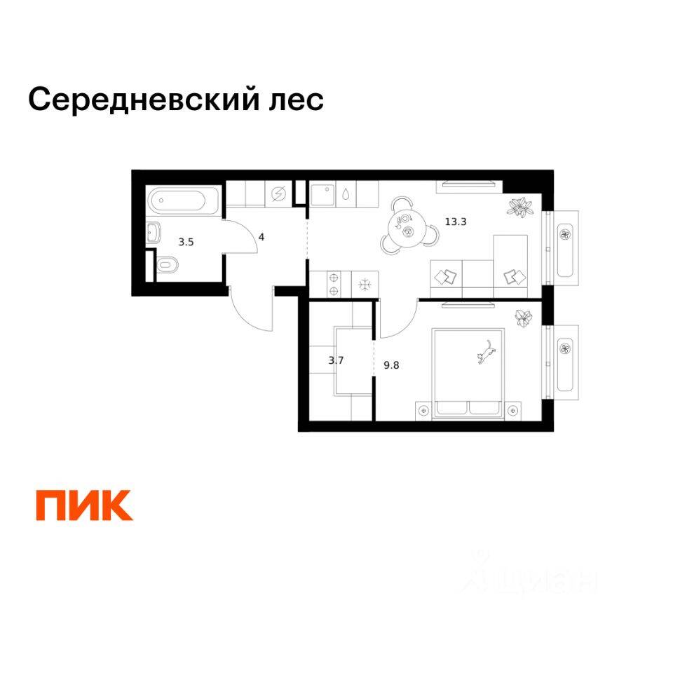 1-комн. квартира, 34,3 м², в ЖК Середневский лес