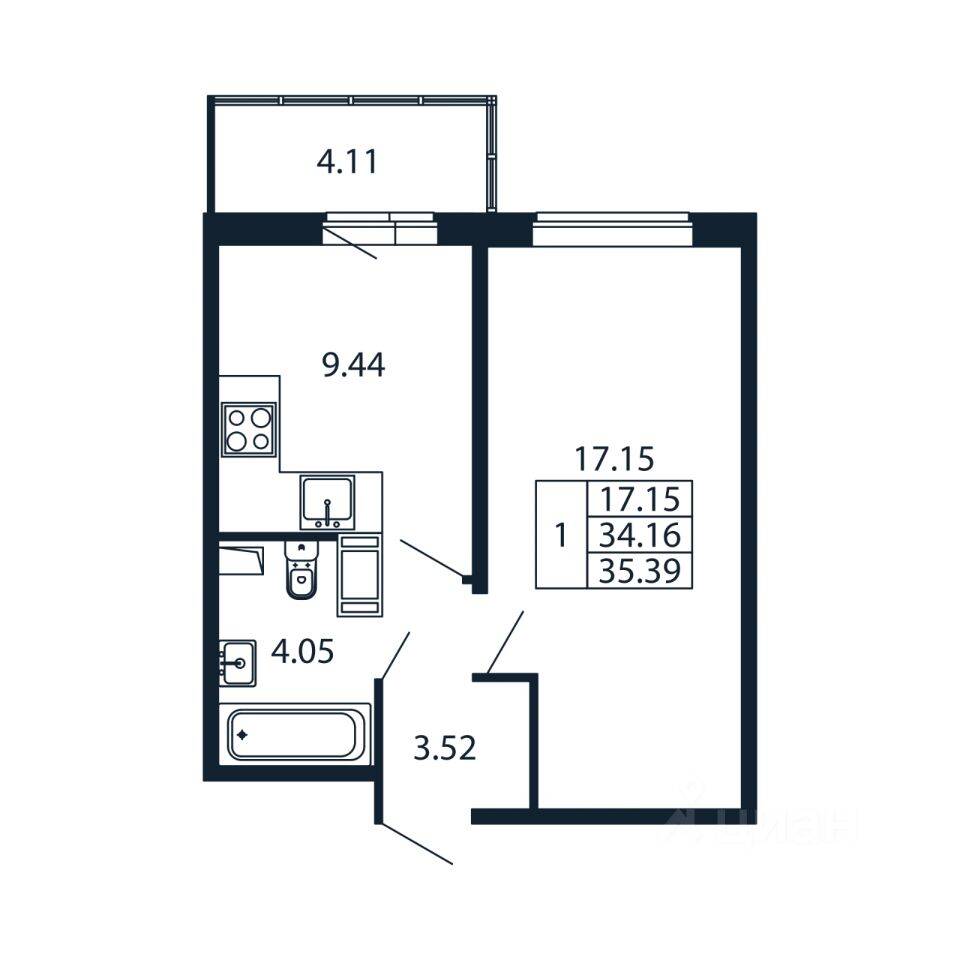 1-комн. квартира, 34,73 м², в ЖК Полис ЛАВрики