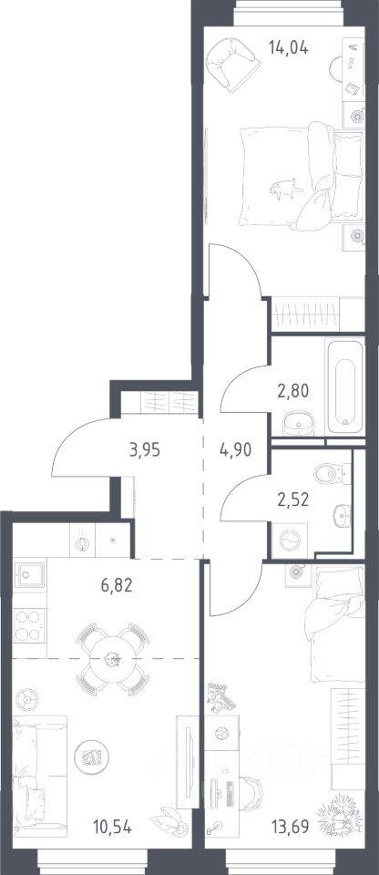 2-комн. квартира, 59,26 м², в ЖК Богдановский Лес