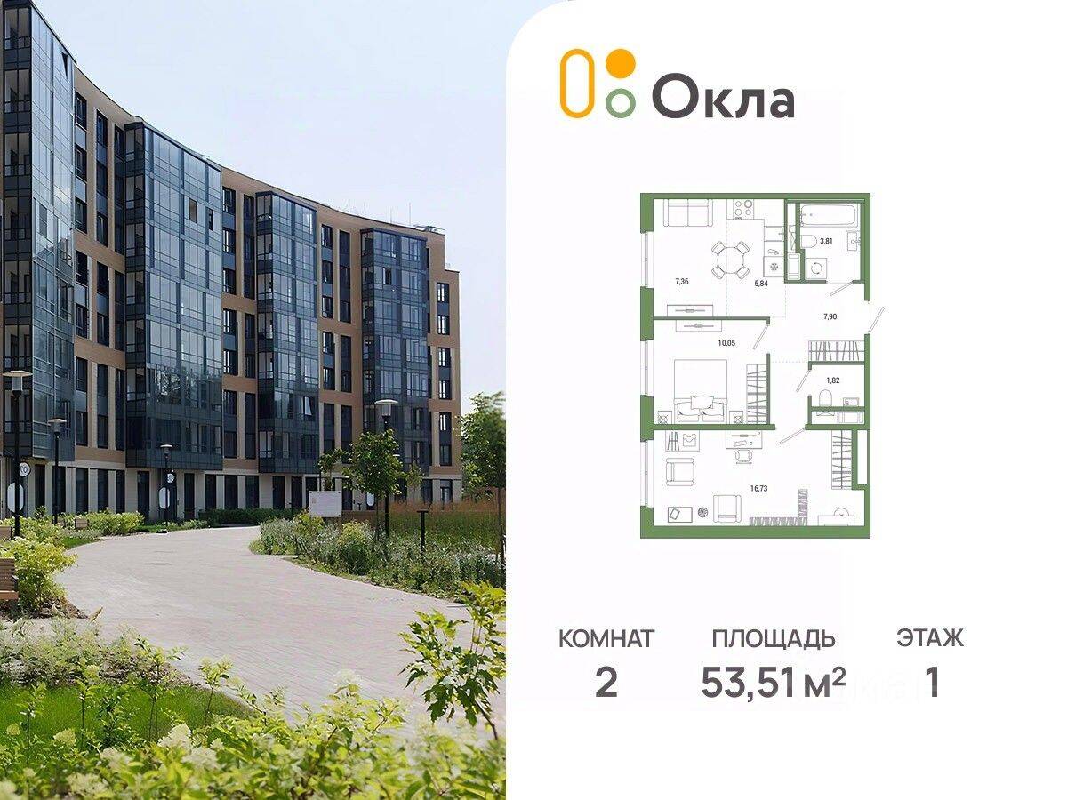 2-комн. квартира, 53,51 м², в ЖК OKLA
