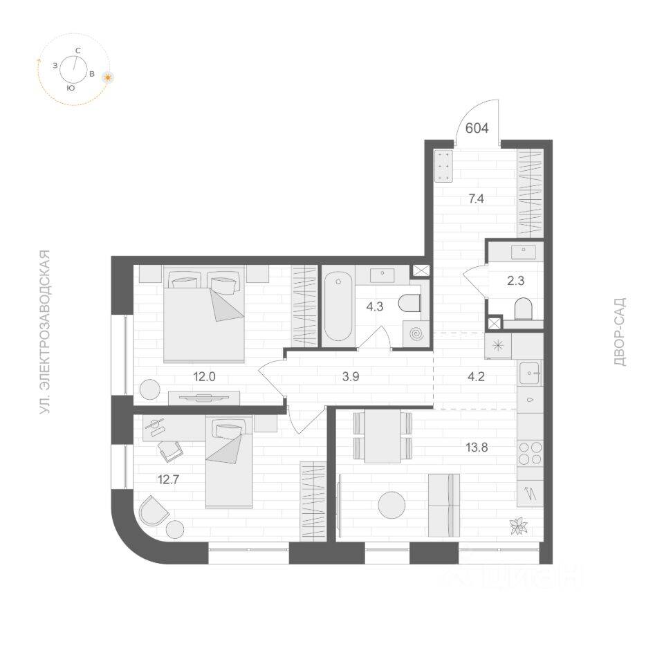 Планировка 2 комнатной квартиры, 60.6 м², в «ARTEL»