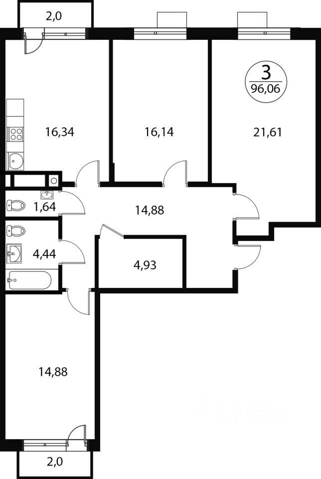 3-комн. квартира, 96,06 м², в ЖК «Катуар»