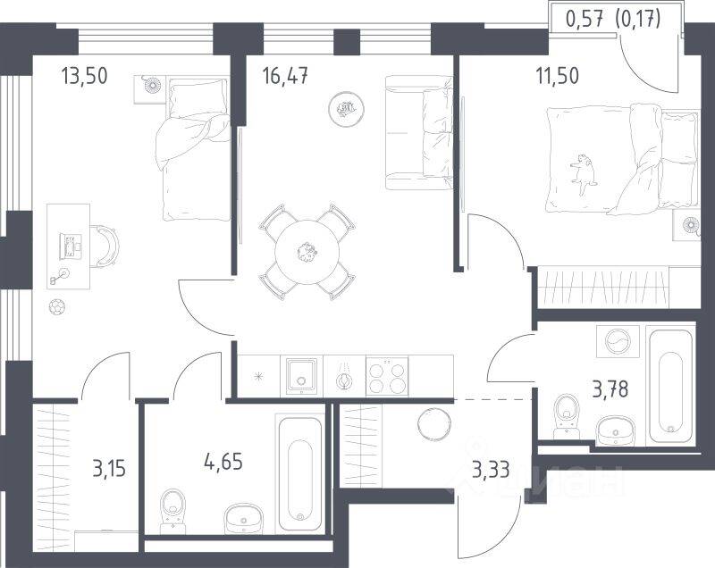 1-комн. квартира, 56,55 м², в ЖК Рублевский Квартал