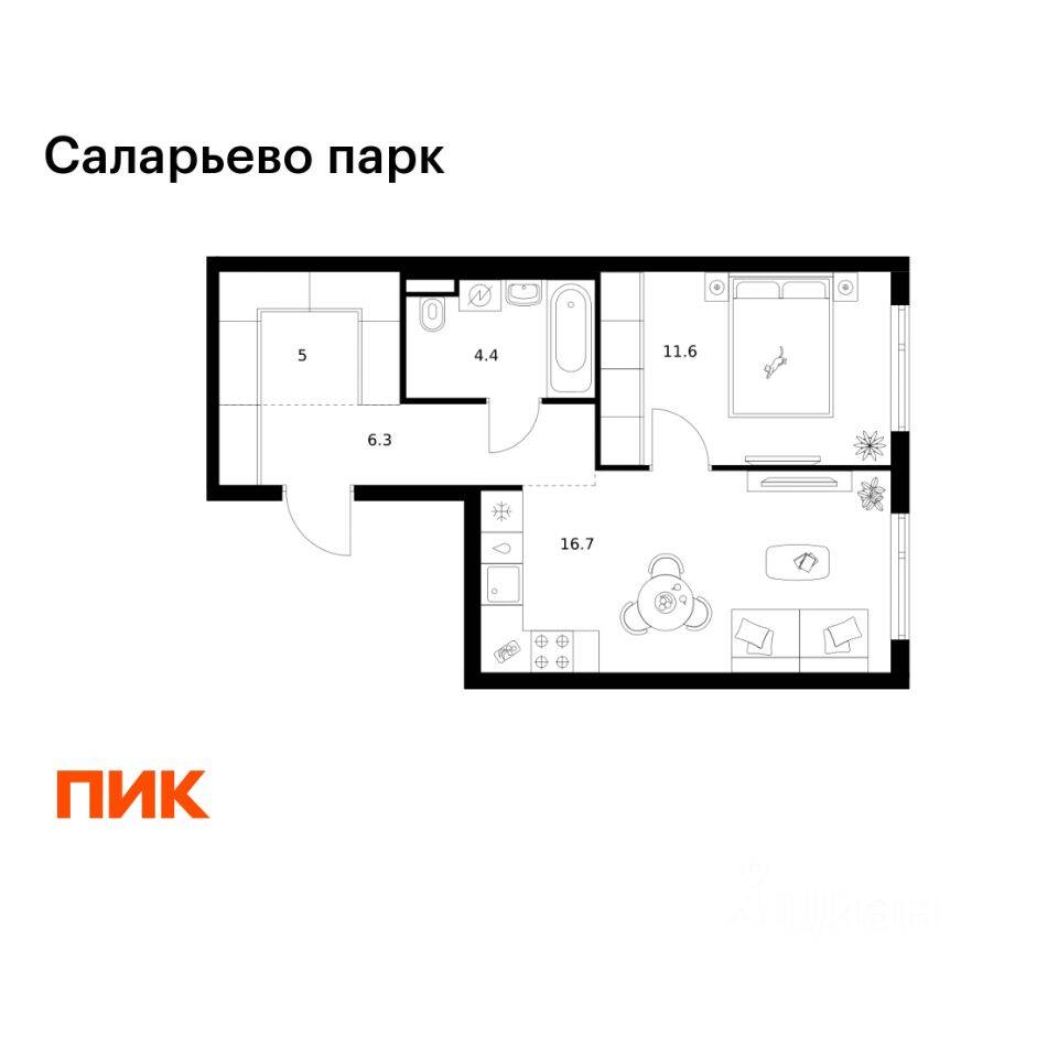 1-комн. квартира, 44 м², в ЖК «Саларьево парк»