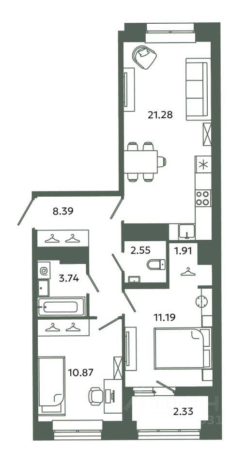 2-комн. квартира, 59,93 м², в ЖК Загляденье