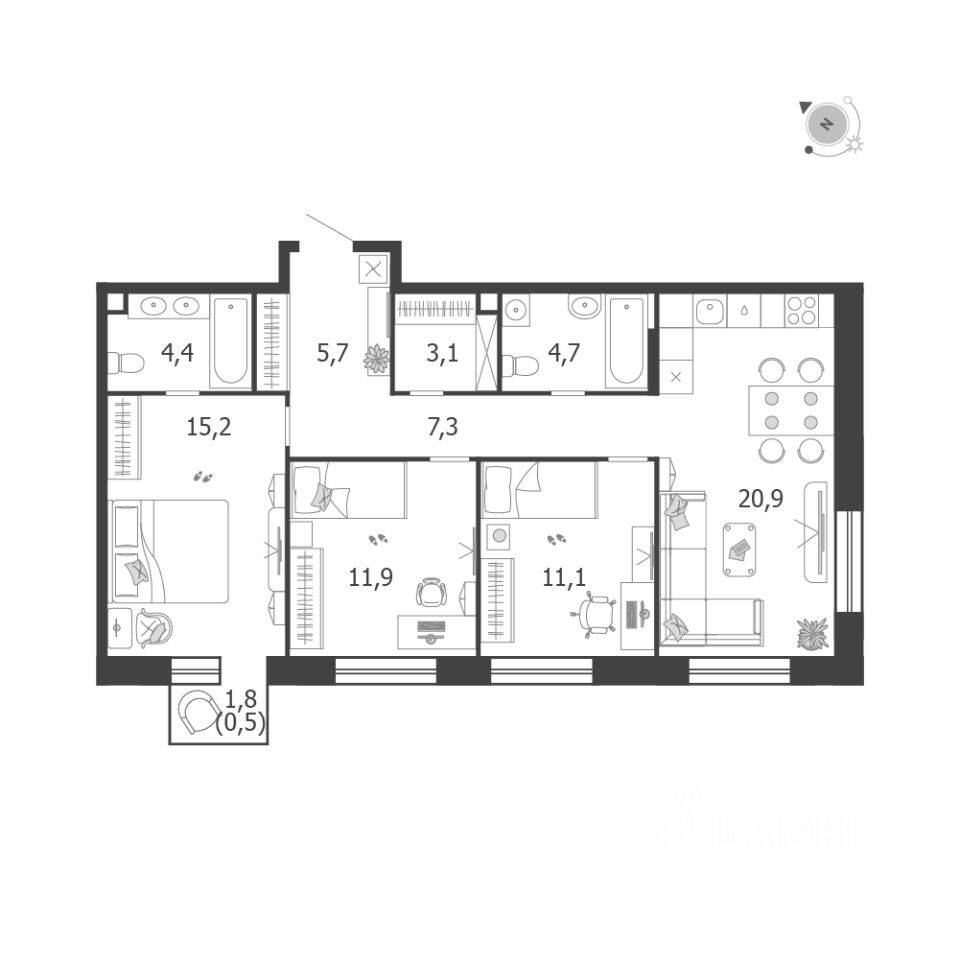 3-комн. квартира, 84,8 м², в ЖК Жилой квартал Shagal