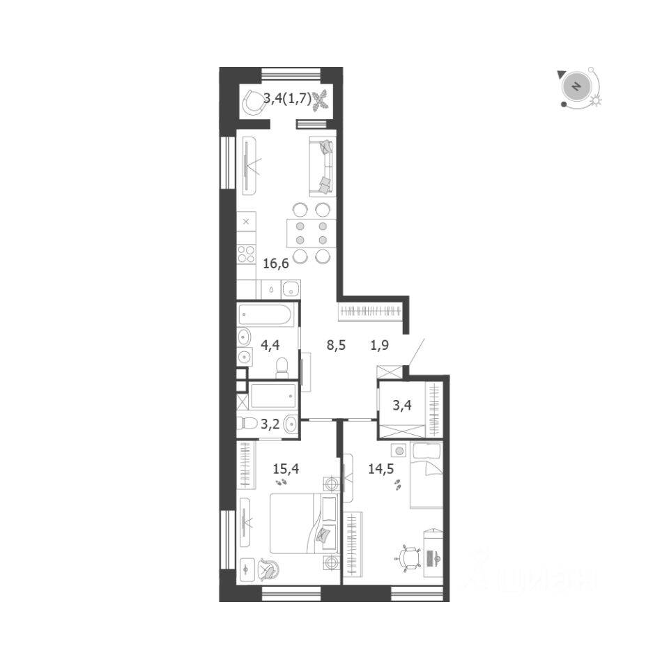 2-комн. квартира, 69,6 м², в ЖК Жилой квартал Shagal