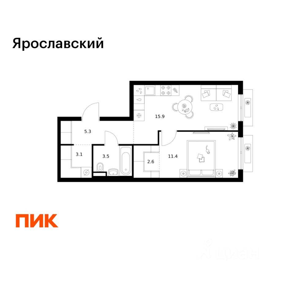 1-комн. квартира, 41,8 м², в ЖК «Ярославский»