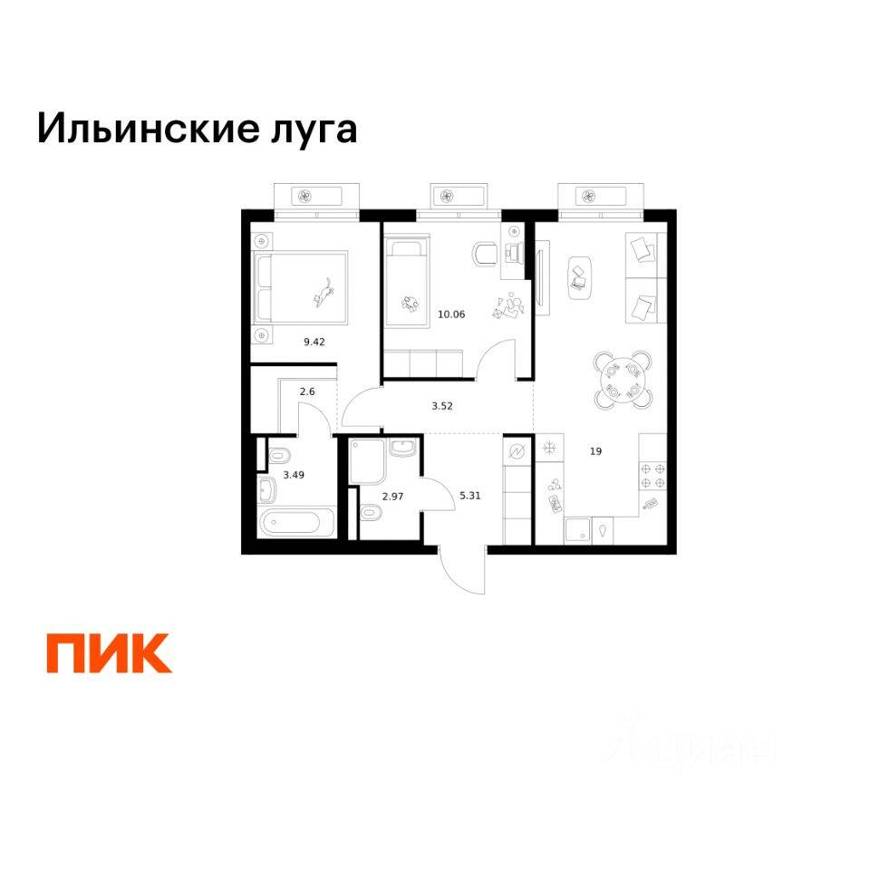 2-комн. квартира, 56,37 м², в ЖК «Ильинские луга»